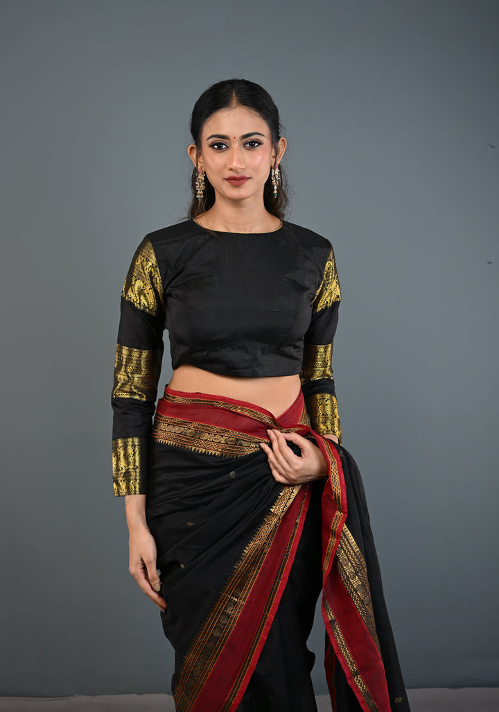 Black Pure Silk 3 Zari Panels Full Sleeves Blouse with Boat Neck and Potli Buttons, Customizable, Made to Order