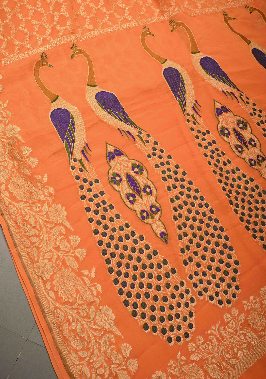 Orange Banarasi Georgette Silk Saree with Zari Jaal and Resplendent Peacock Meenakari Pallu | SILK MARK CERTIFIED | SHOBITAM