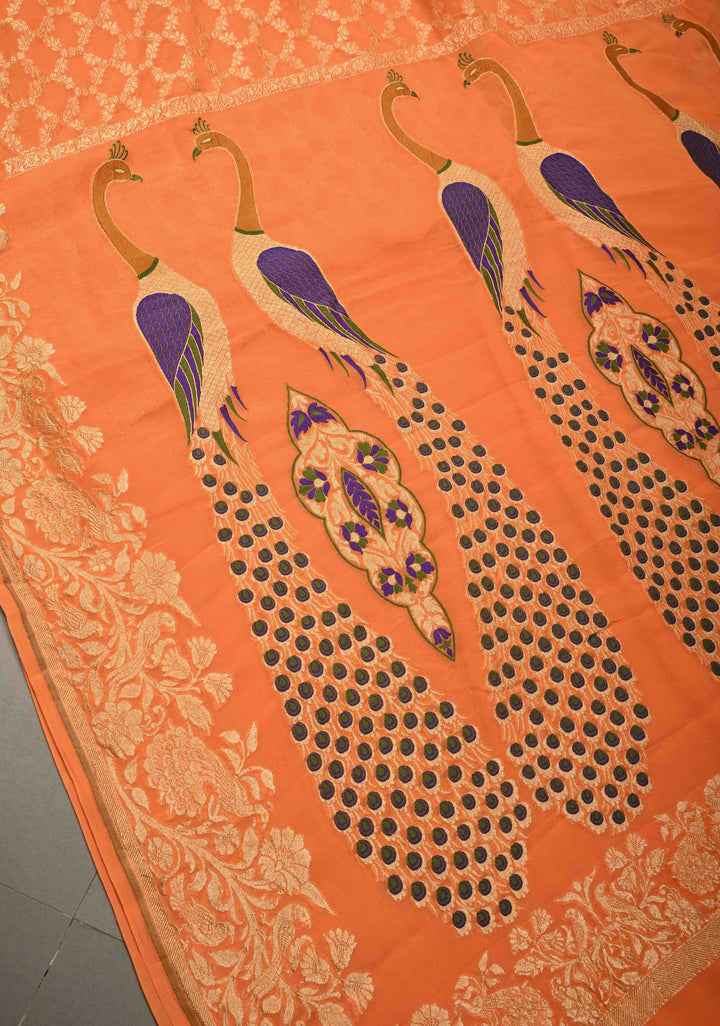 Orange Banarasi Georgette Silk Saree with Zari Jaal and Resplendent Peacock Meenakari Pallu | SILK MARK CERTIFIED | SHOBITAM