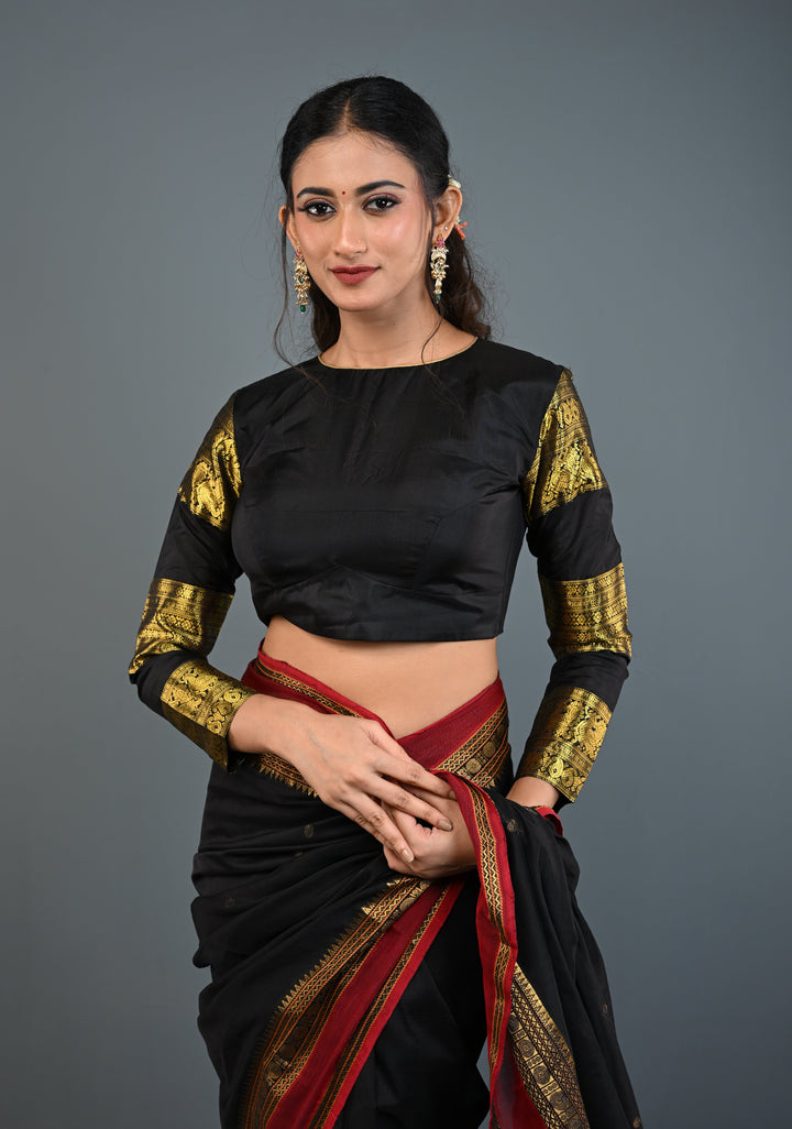 Black Pure Silk 3 Zari Panels Full Sleeves Blouse with Boat Neck and Potli Buttons, Customizable, Made to Order