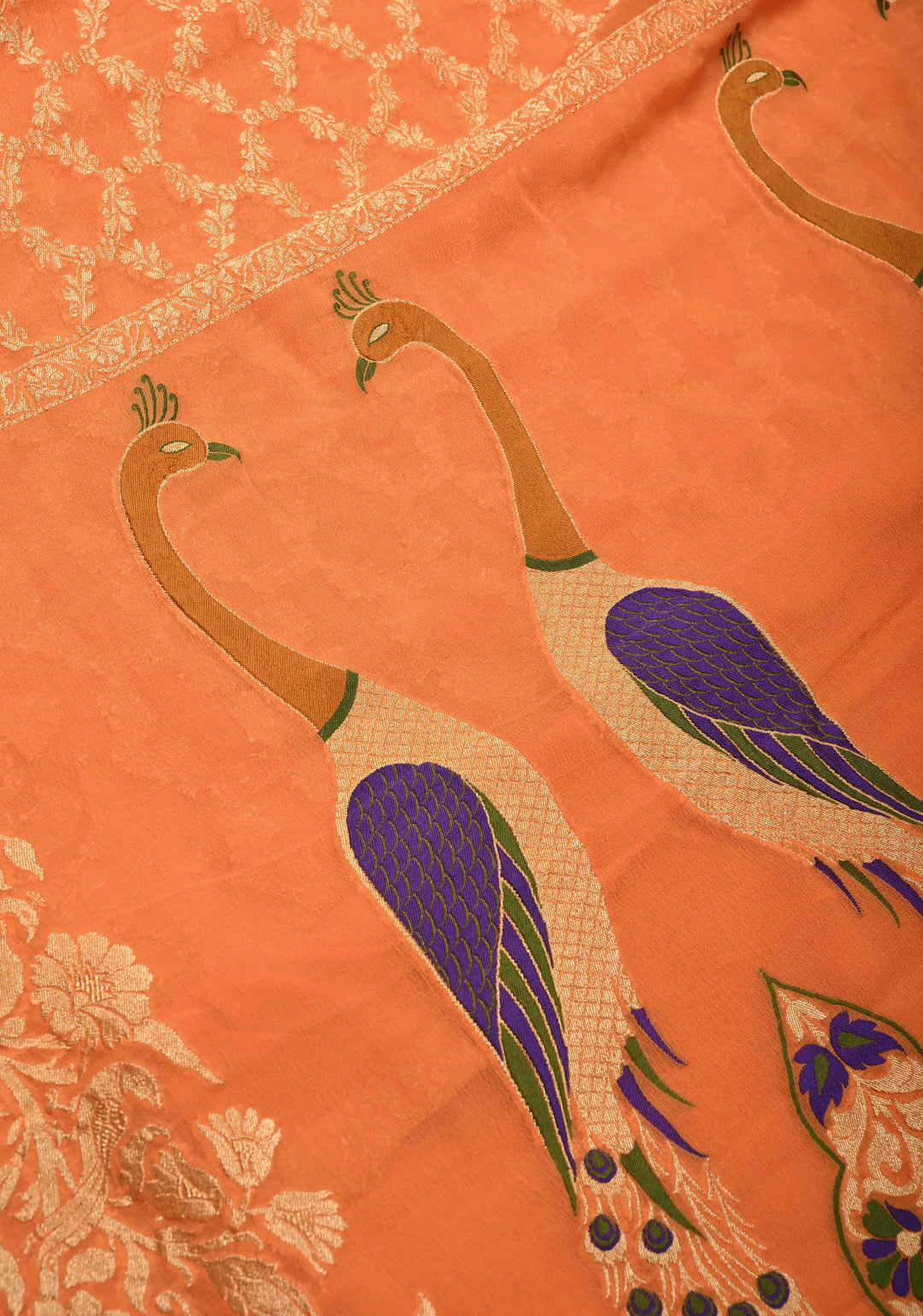 Orange Banarasi Georgette Silk Saree with Zari Jaal and Resplendent Peacock Meenakari Pallu | SILK MARK CERTIFIED | SHOBITAM