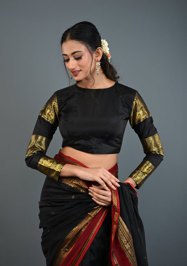 Black Pure Silk 3 Zari Panels Full Sleeves Blouse with Boat Neck and Potli Buttons, Customizable, Made to Order