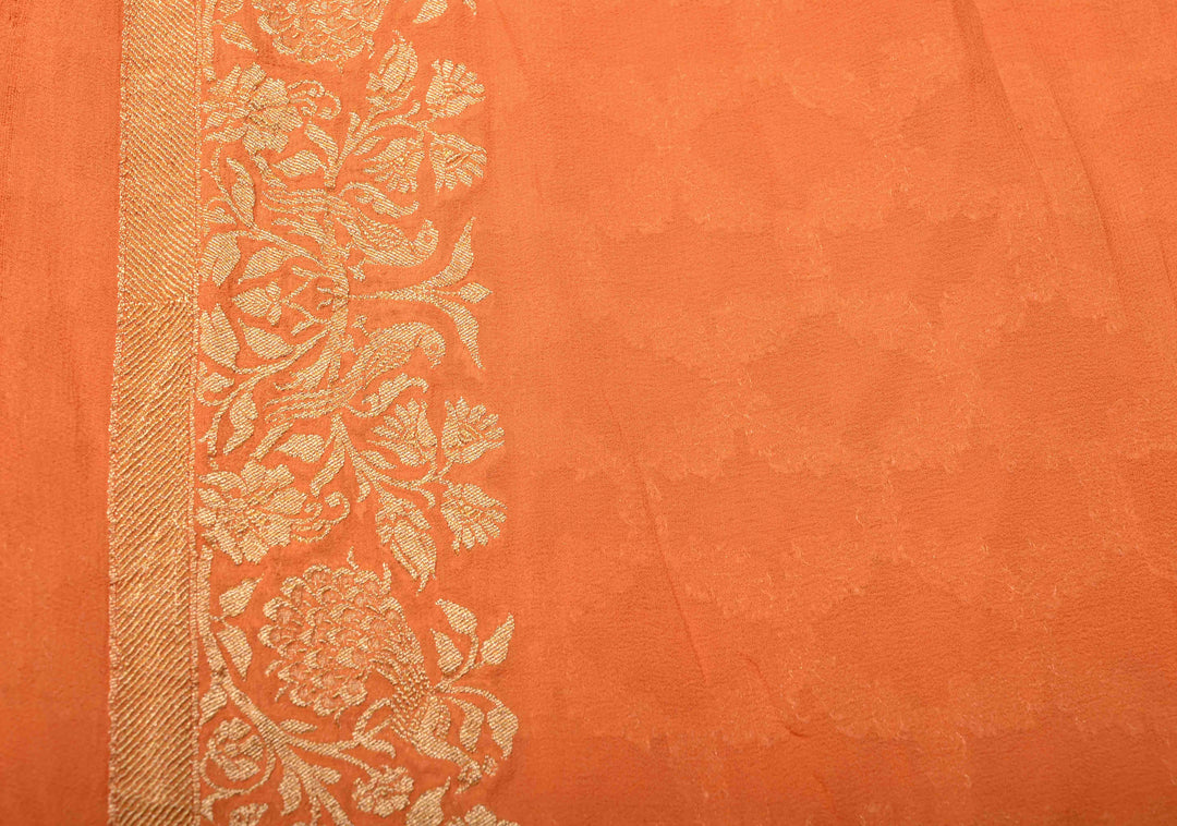 Orange Banarasi Georgette Silk Saree with Zari Jaal and Resplendent Peacock Meenakari Pallu | SILK MARK CERTIFIED | SHOBITAM