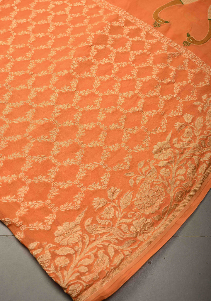 Orange Banarasi Georgette Silk Saree with Zari Jaal and Resplendent Peacock Meenakari Pallu | SILK MARK CERTIFIED | SHOBITAM
