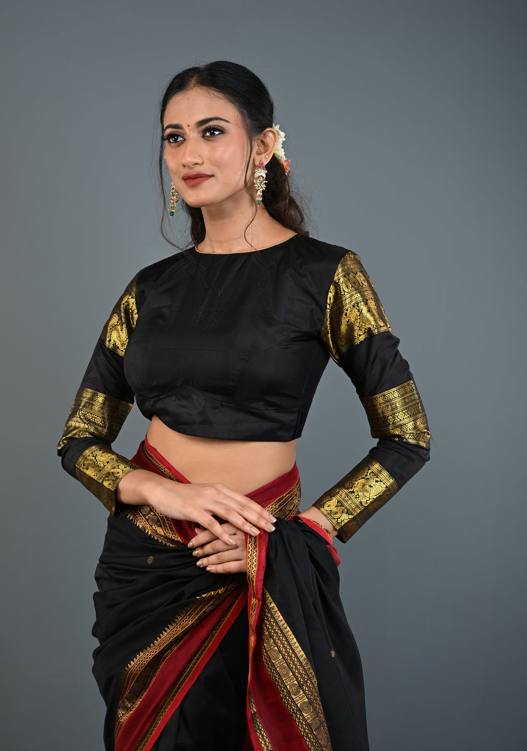 Black Pure Silk 3 Zari Panels Full Sleeves Blouse with Boat Neck and Potli Buttons, Customizable, Made to Order