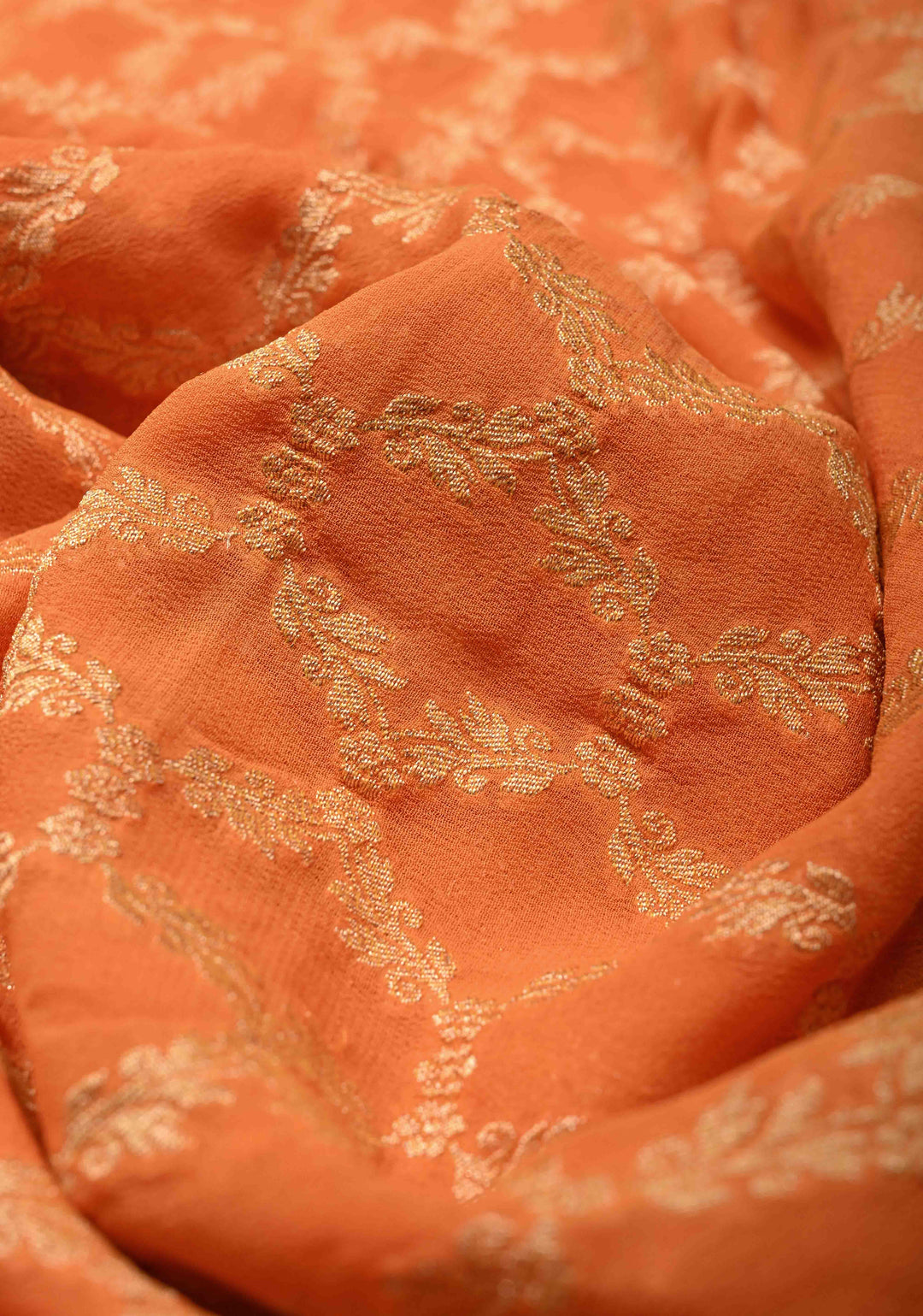Orange Banarasi Georgette Silk Saree with Zari Jaal and Resplendent Peacock Meenakari Pallu | SILK MARK CERTIFIED | SHOBITAM