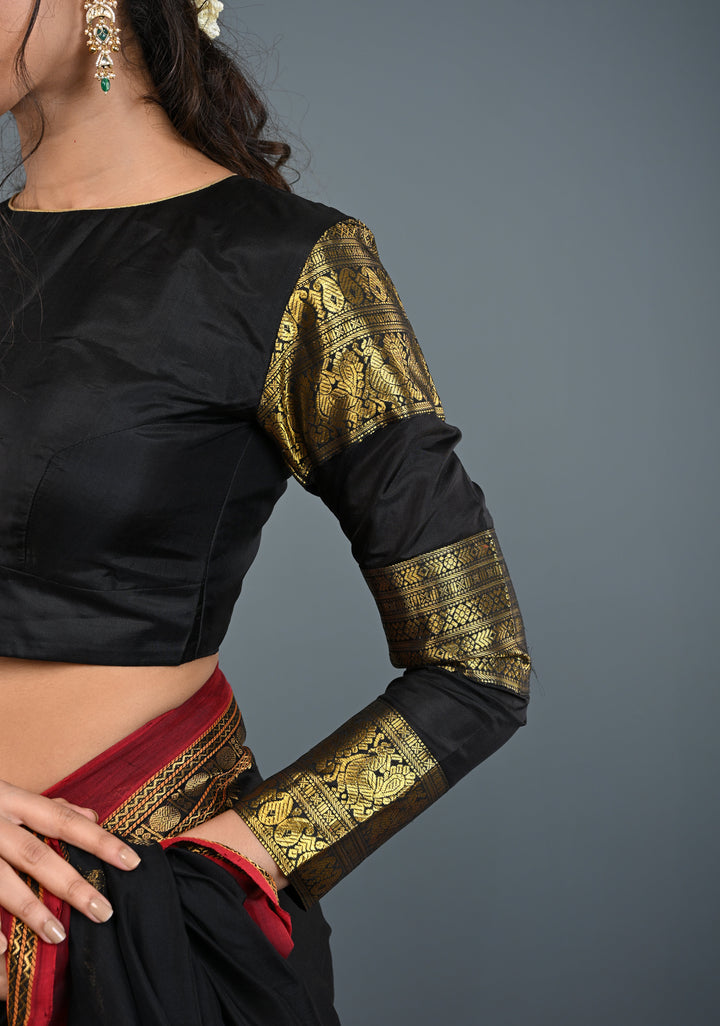 Black Pure Silk 3 Zari Panels Full Sleeves Blouse with Boat Neck and Potli Buttons, Customizable, Made to Order