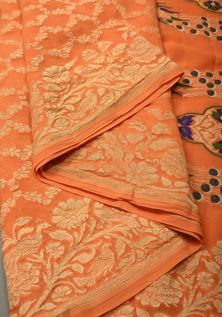 Orange Banarasi Georgette Silk Saree with Zari Jaal and Resplendent Peacock Meenakari Pallu | SILK MARK CERTIFIED | SHOBITAM
