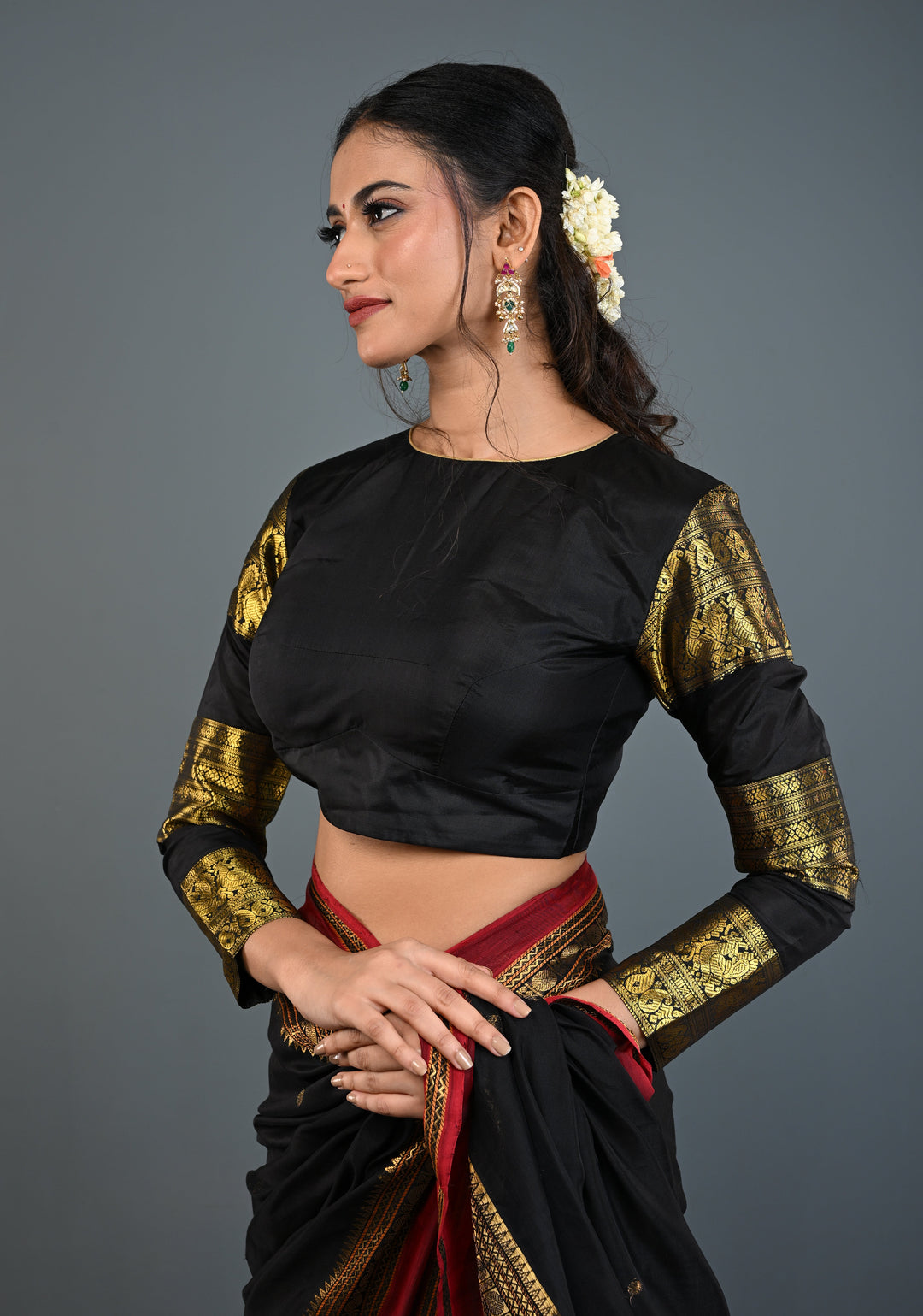 Black Pure Silk 3 Zari Panels Full Sleeves Blouse with Boat Neck and Potli Buttons, Customizable, Made to Order