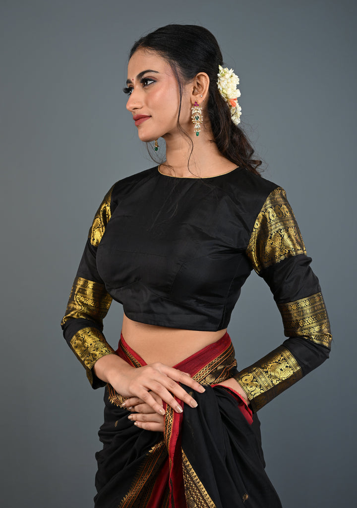 Black Pure Silk 3 Zari Panels Full Sleeves Blouse with Boat Neck and Potli Buttons, Customizable, Made to Order