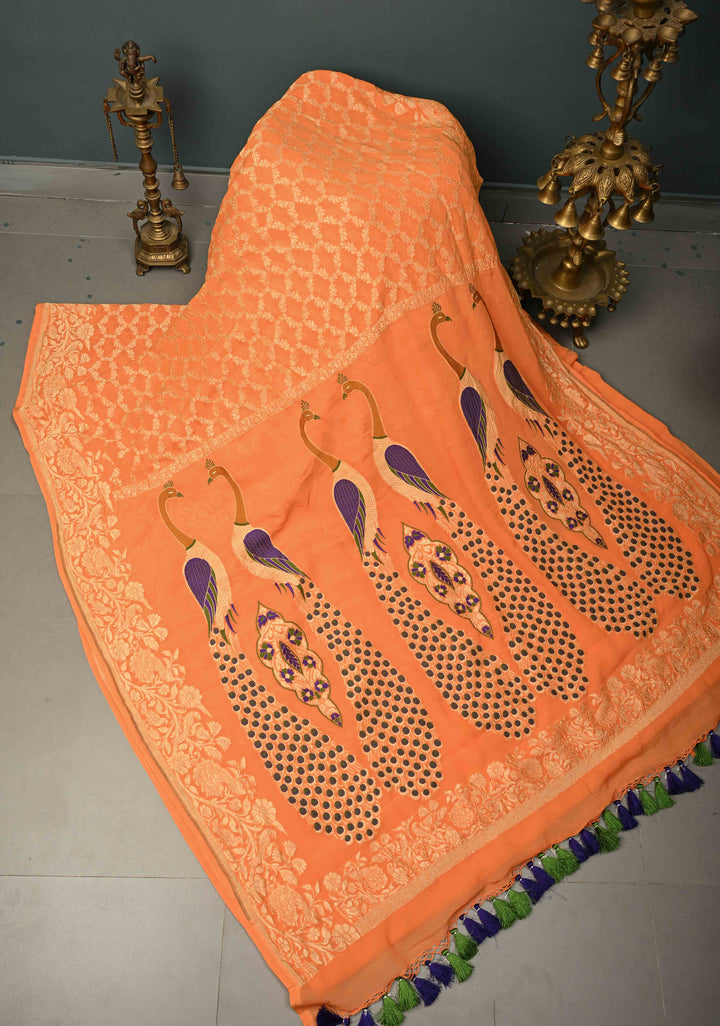 Orange Banarasi Georgette Silk Saree with Zari Jaal and Resplendent Peacock Meenakari Pallu | SILK MARK CERTIFIED | SHOBITAM