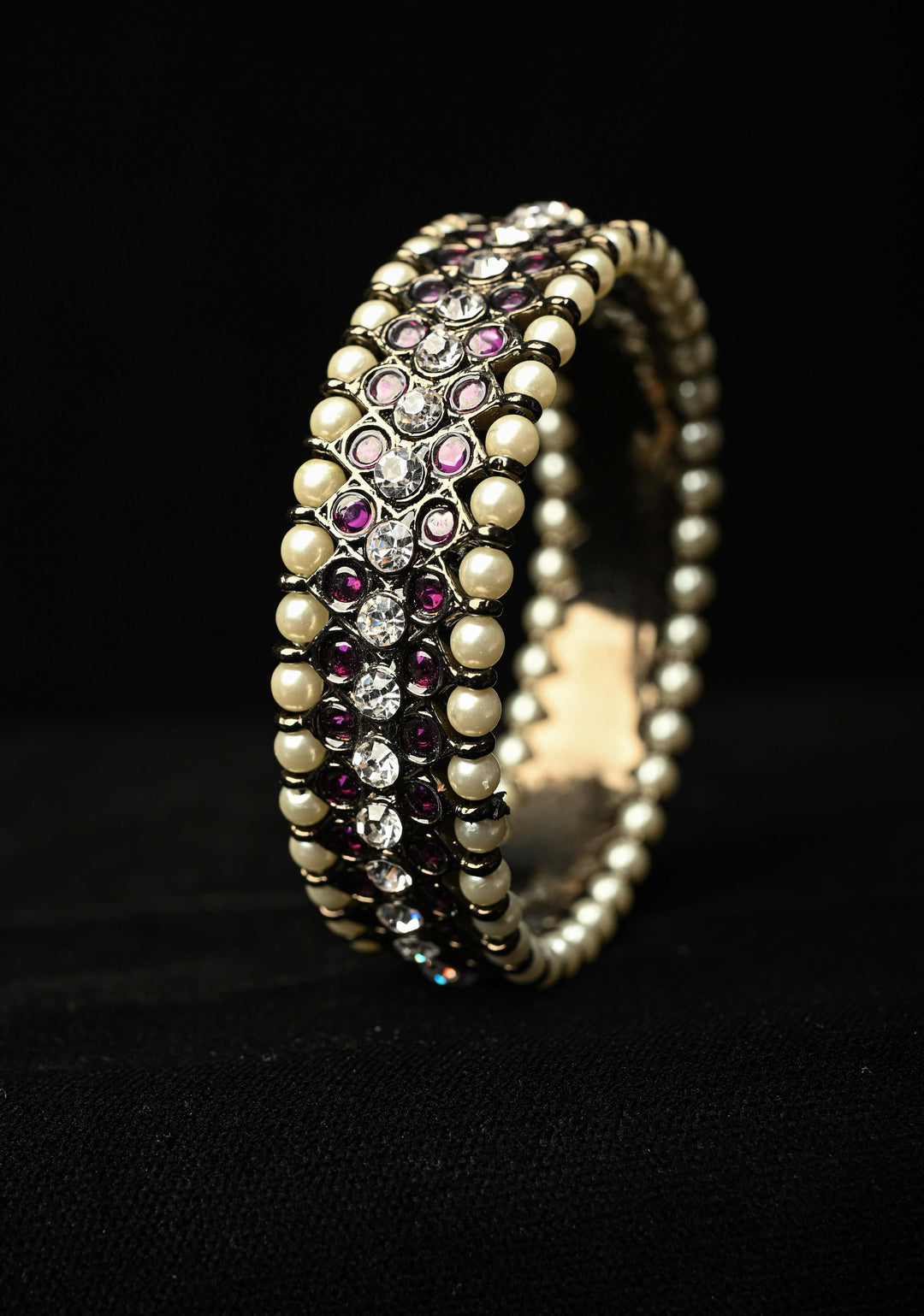 Size 2.6 Black finish precious kemp-white pearl pair of bangles, Various Sizes
