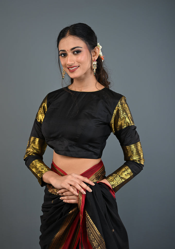 Black Pure Silk 3 Zari Panels Full Sleeves Blouse with Boat Neck and Potli Buttons, Customizable, Made to Order