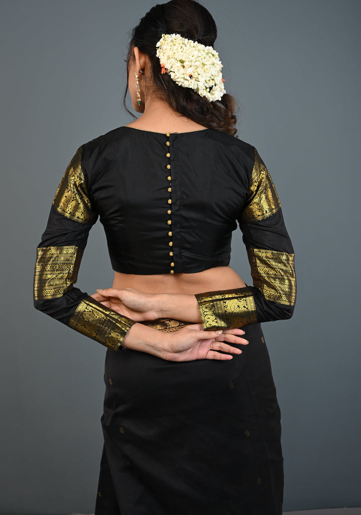 Black Pure Silk 3 Zari Panels Full Sleeves Blouse with Boat Neck and Potli Buttons, Customizable, Made to Order