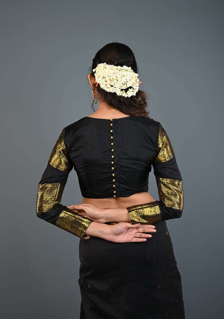 Black Pure Silk 3 Zari Panels Full Sleeves Blouse with Boat Neck and Potli Buttons, Customizable, Made to Order