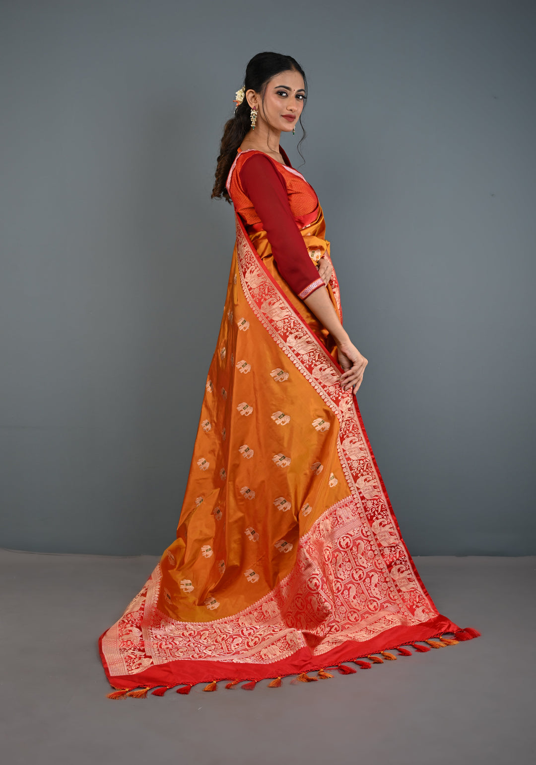 Mustard Dual tone Banarasi Pure Katan Silk Saree with Meenakari Elephant Butta and Contrast Zari Border | SILK MARK CERTIFIED