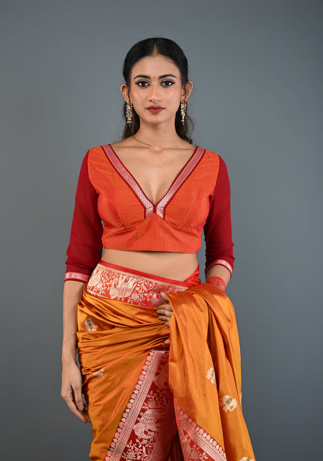 Rust Orange Khana Silk Blouse with Deep V Neck and Maroon Sheer Sleeves, Customizable, Made to Order