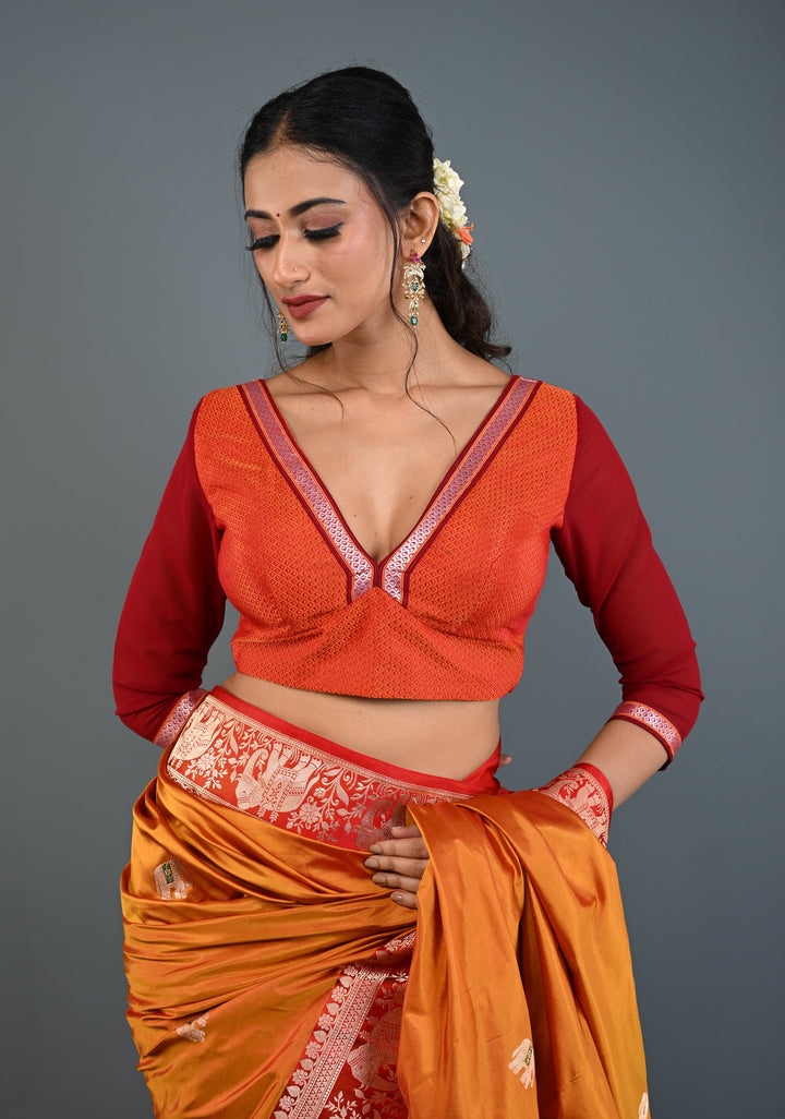 Rust Orange Khana Silk Blouse with Deep V Neck and Maroon Sheer Sleeves, Customizable, Made to Order