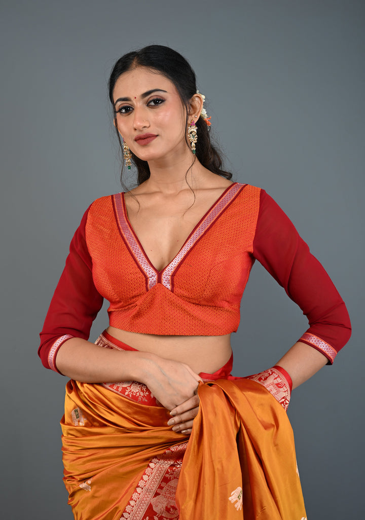 Rust Orange Khana Silk Blouse with Deep V Neck and Maroon Sheer Sleeves, Customizable, Made to Order
