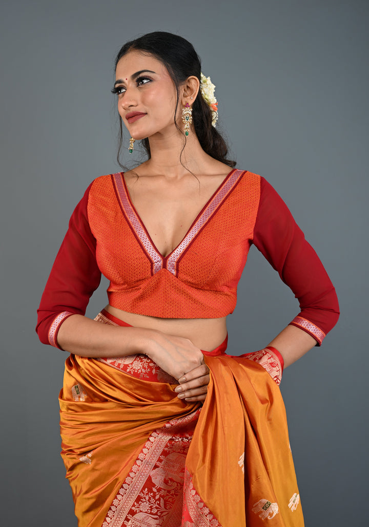 Rust Orange Khana Silk Blouse with Deep V Neck and Maroon Sheer Sleeves, Customizable, Made to Order
