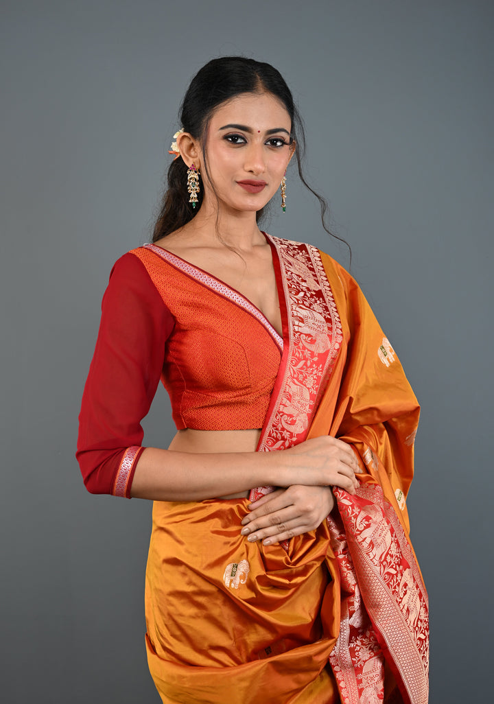 Rust Orange Khana Silk Blouse with Deep V Neck and Maroon Sheer Sleeves, Customizable, Made to Order