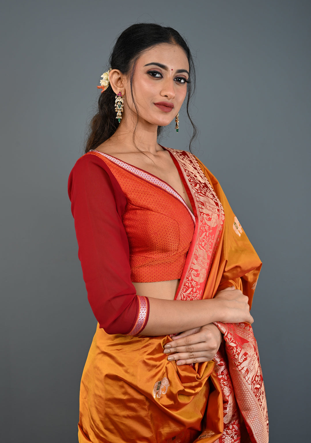 Rust Orange Khana Silk Blouse with Deep V Neck and Maroon Sheer Sleeves, Customizable, Made to Order