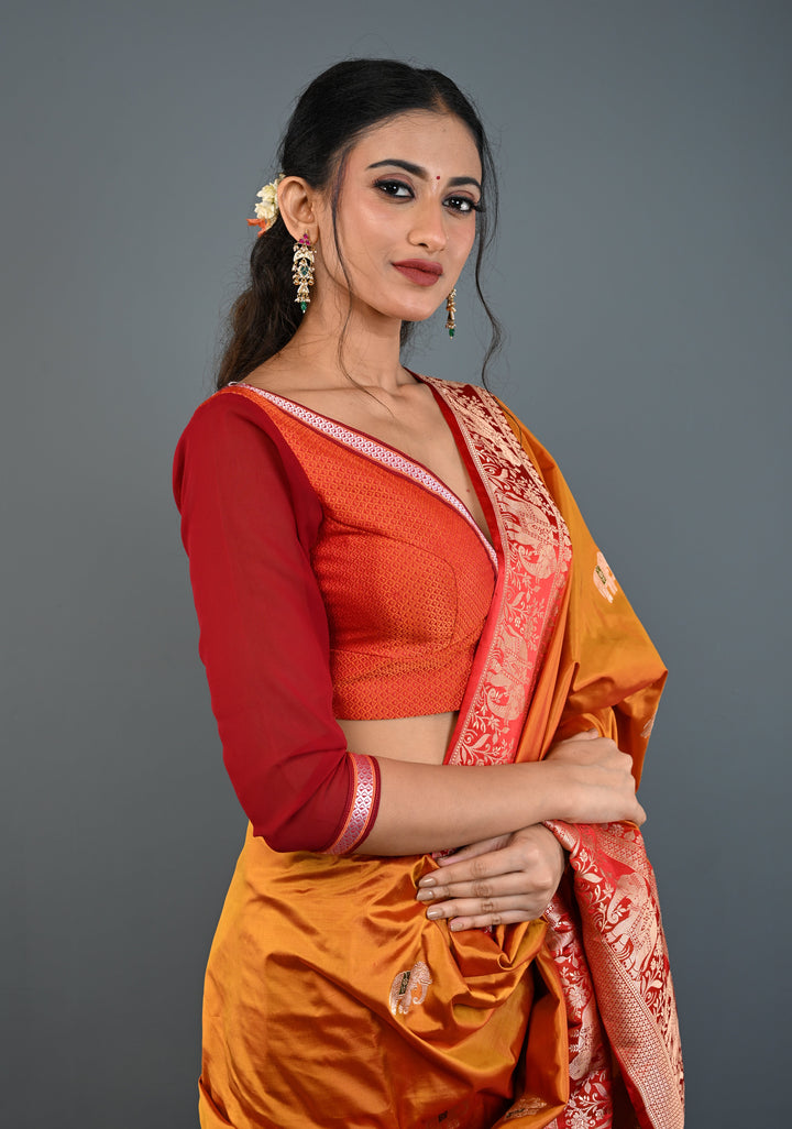 Rust Orange Khana Silk Blouse with Deep V Neck and Maroon Sheer Sleeves, Customizable, Made to Order