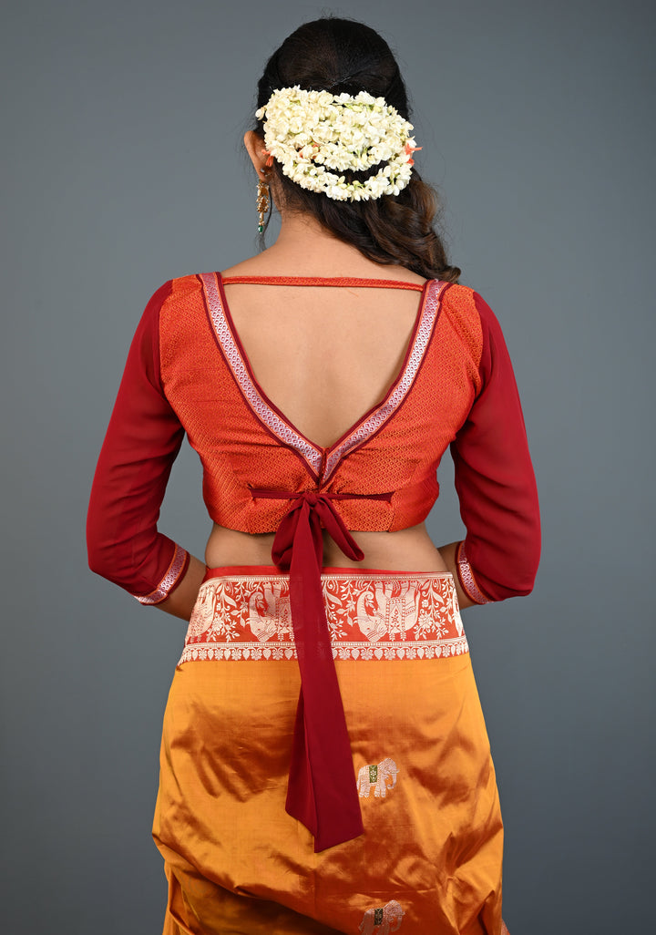 Rust Orange Khana Silk Blouse with Deep V Neck and Maroon Sheer Sleeves, Customizable, Made to Order