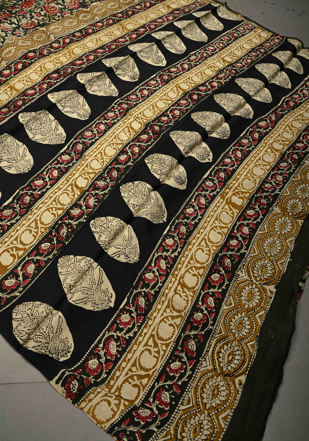 Deep Green Modal Silk Saree with Sanganeri Block Print | SHOBITAM