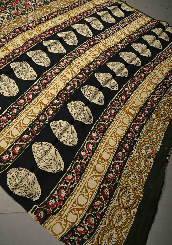 Deep Green Modal Silk Saree with Sanganeri Block Print | SHOBITAM