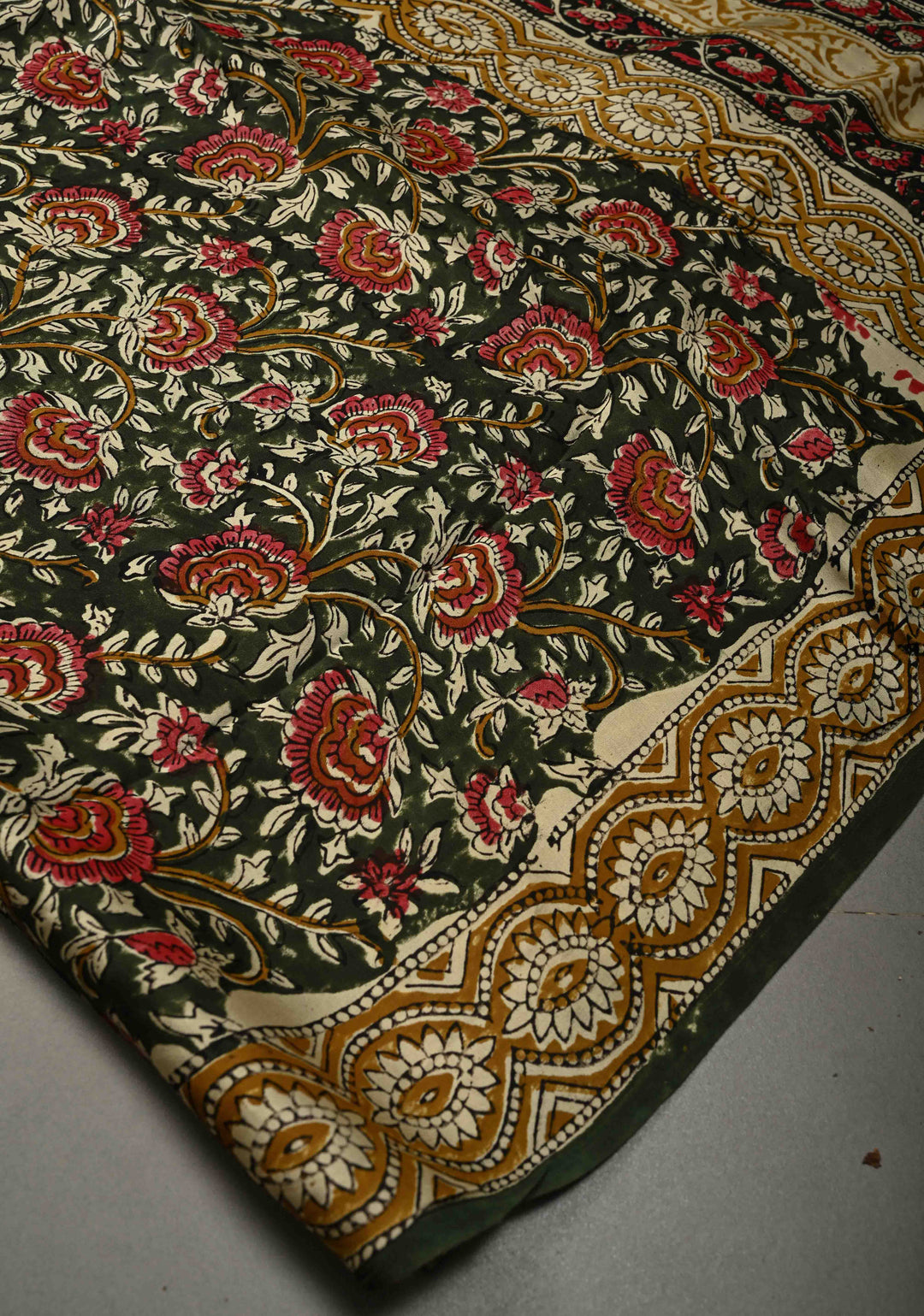 Deep Green Modal Silk Saree with Sanganeri Block Print | SHOBITAM