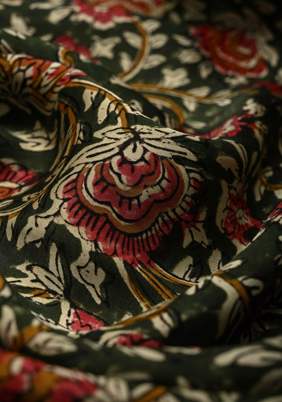 Deep Green Modal Silk Saree with Sanganeri Block Print | SHOBITAM