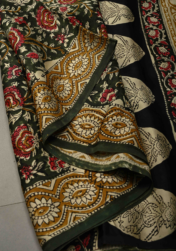 Deep Green Modal Silk Saree with Sanganeri Block Print | SHOBITAM