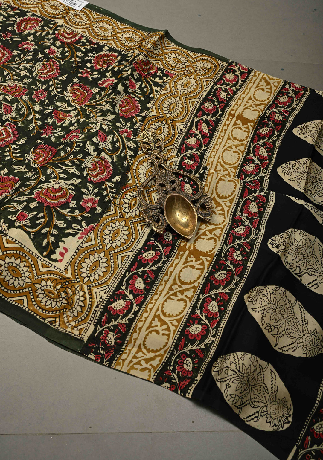 Deep Green Modal Silk Saree with Sanganeri Block Print | SHOBITAM