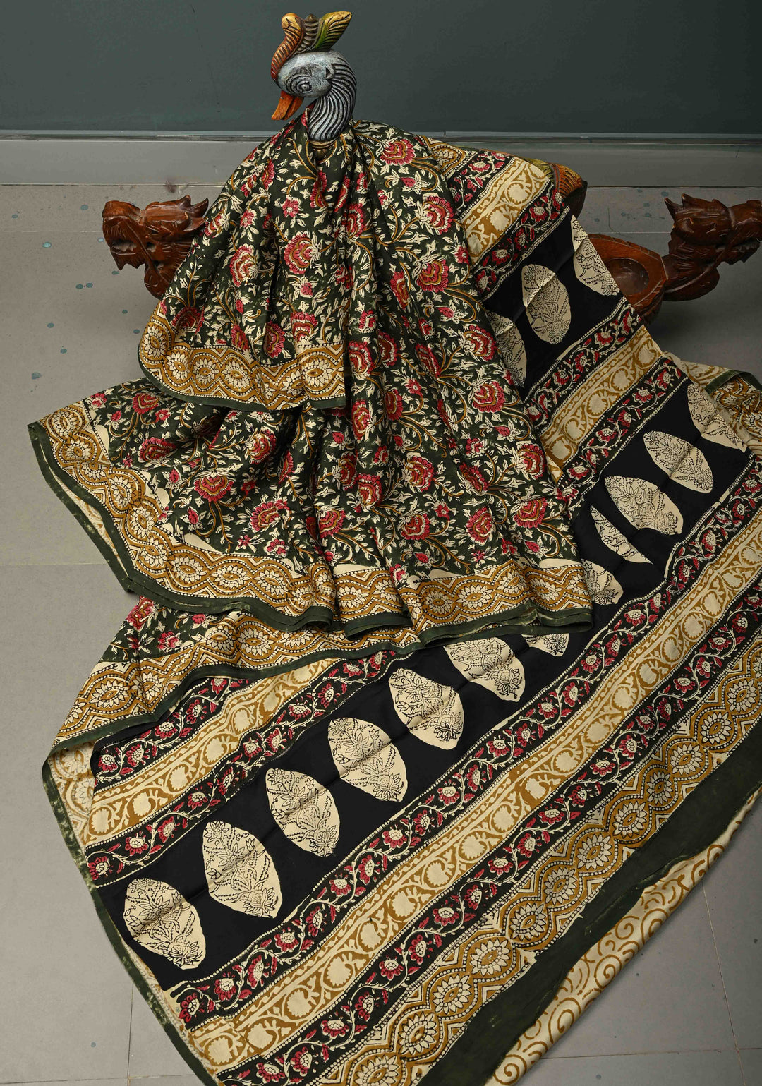 Deep Green Modal Silk Saree with Sanganeri Block Print | SHOBITAM