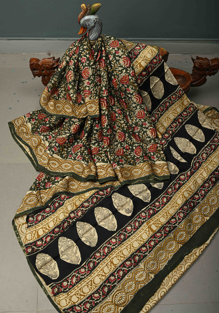Deep Green Modal Silk Saree with Sanganeri Block Print | SHOBITAM