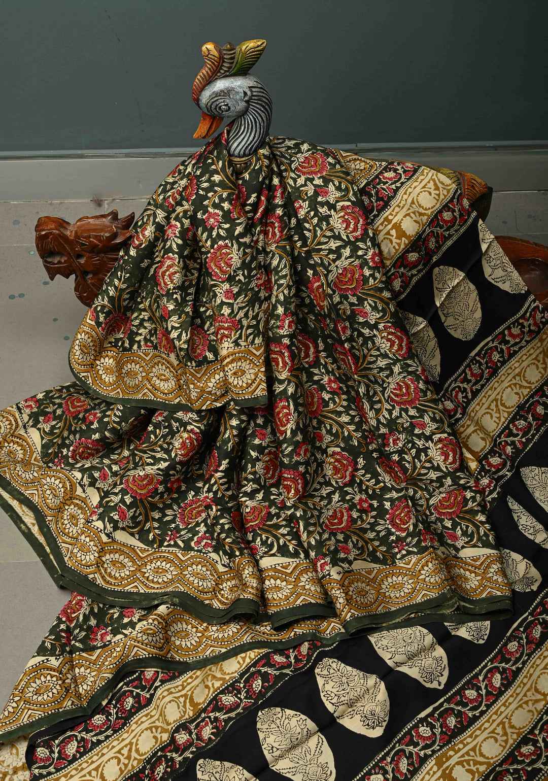 Deep Green Modal Silk Saree with Sanganeri Block Print | SHOBITAM
