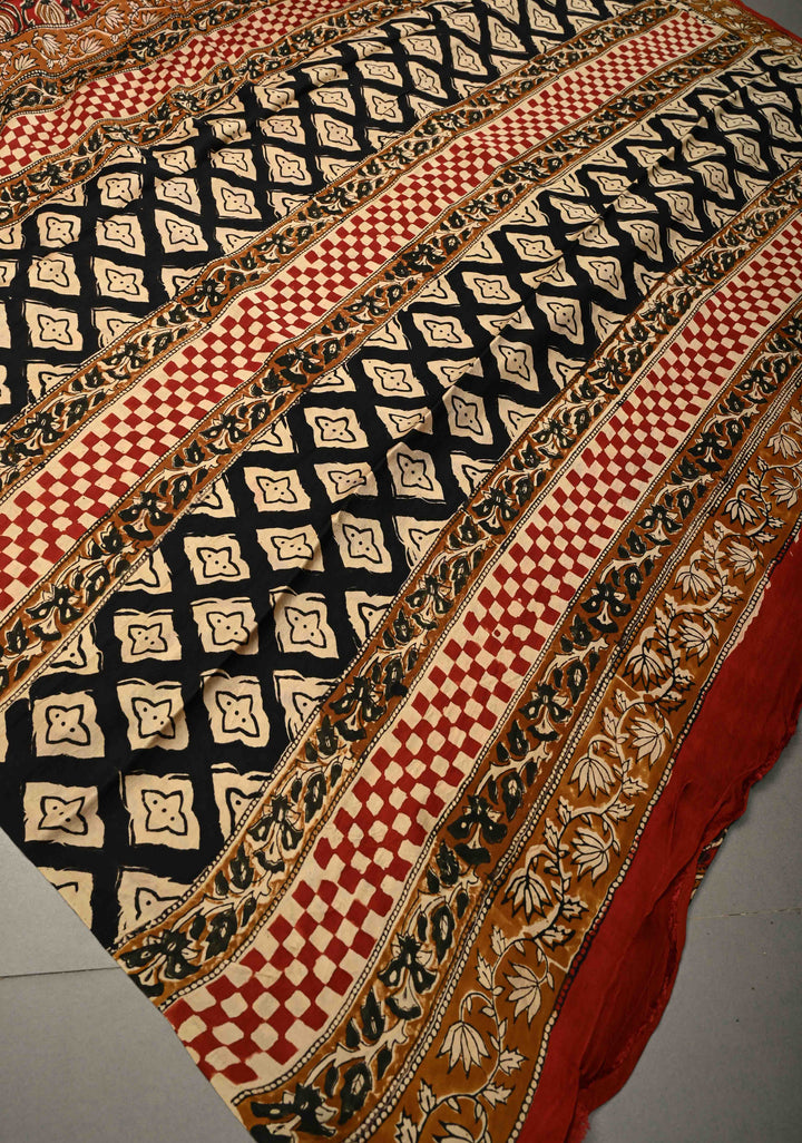 Maroon Modal Silk Saree with Sanganeri Block Print | SHOBITAM