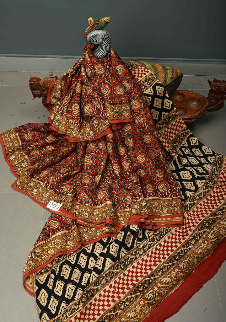 Maroon Modal Silk Saree with Sanganeri Block Print | SHOBITAM