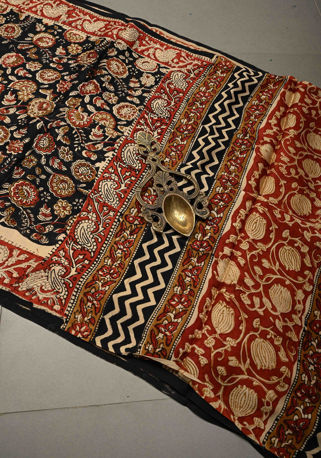 Midnight Black Modal Silk Saree with Sanganeri Block Print | SHOBITAM
