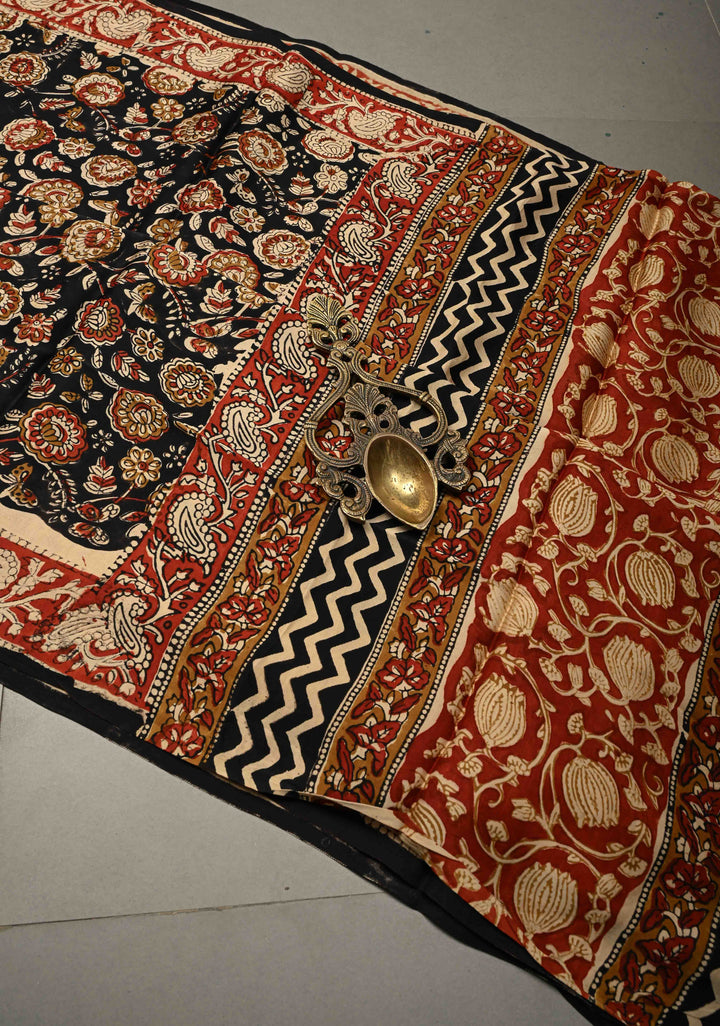 Midnight Black Modal Silk Saree with Sanganeri Block Print | SHOBITAM