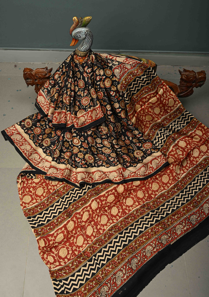 Midnight Black Modal Silk Saree with Sanganeri Block Print | SHOBITAM