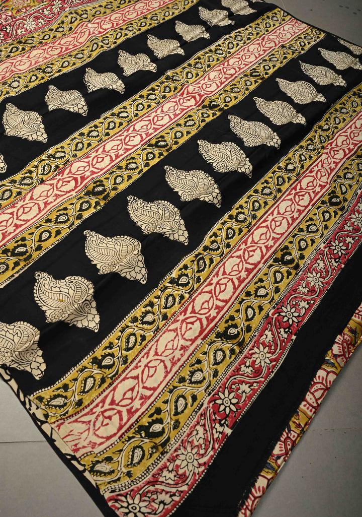 Mustard Yellow Modal Silk Saree with Sanganeri Block Print | SHOBITAM
