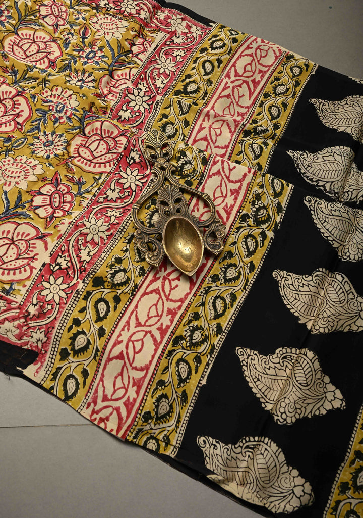Mustard Yellow Modal Silk Saree with Sanganeri Block Print | SHOBITAM
