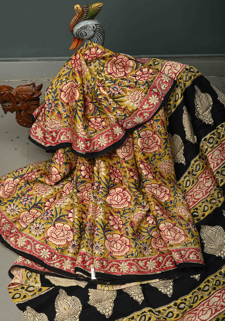 Mustard Yellow Modal Silk Saree with Sanganeri Block Print | SHOBITAM