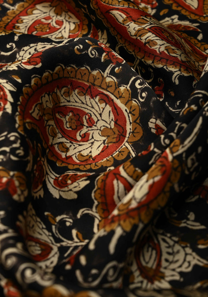 Black Modal Silk Saree with Sanganeri Block Print | SHOBITAM