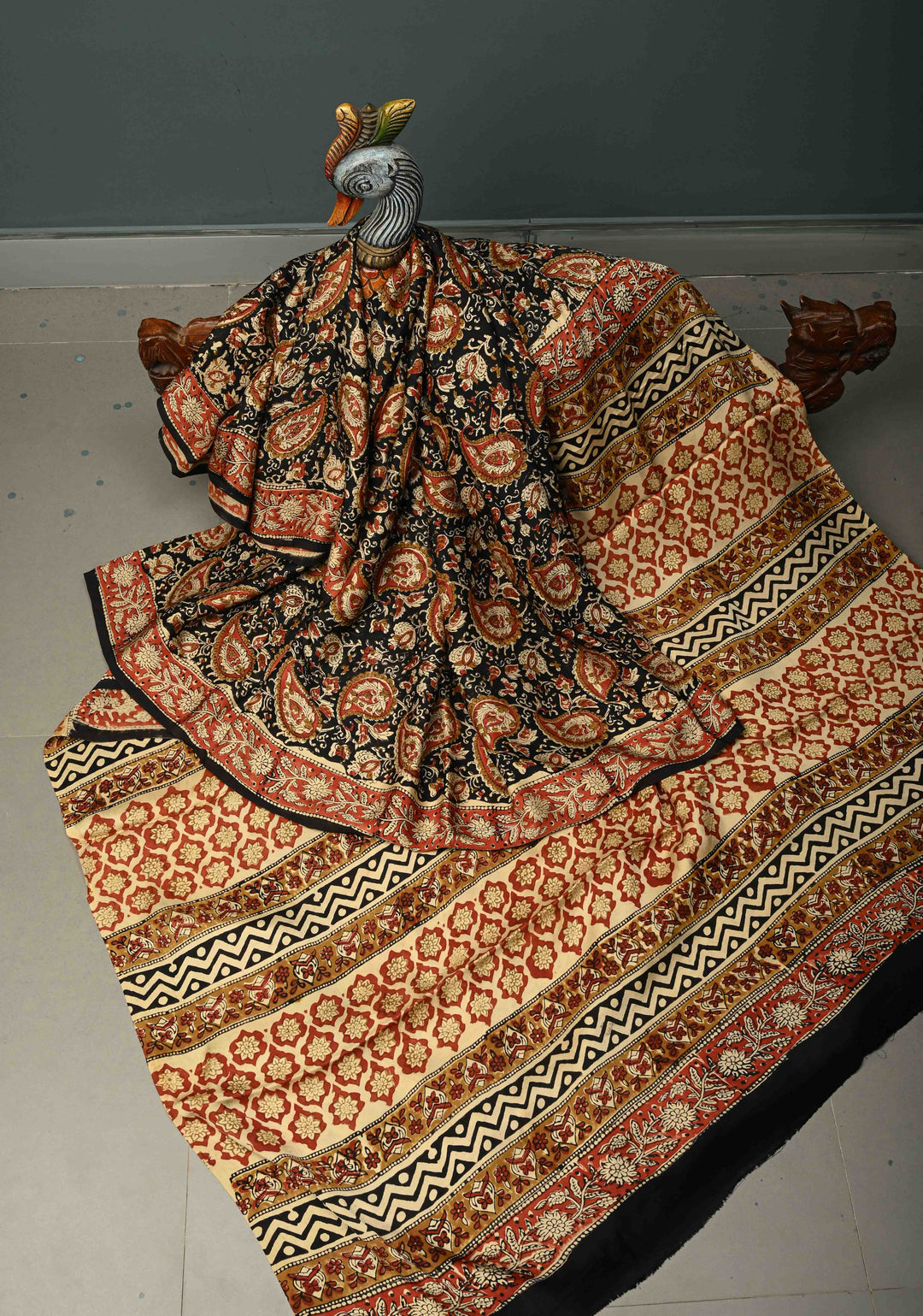 Black Modal Silk Saree with Sanganeri Block Print | SHOBITAM