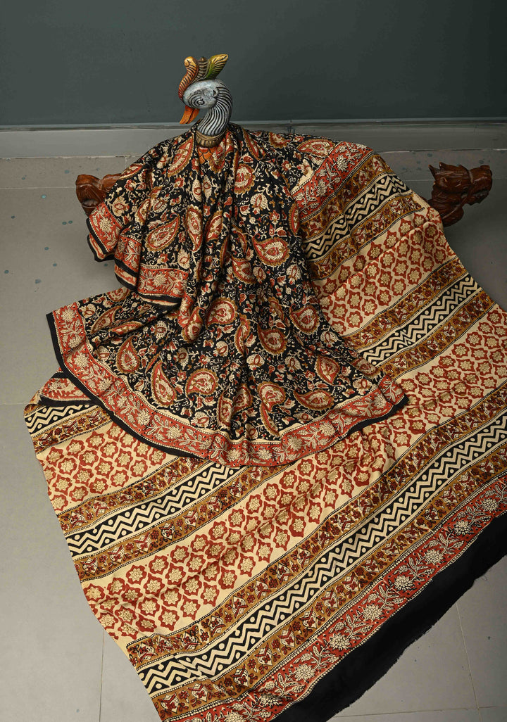 Black Modal Silk Saree with Sanganeri Block Print | SHOBITAM