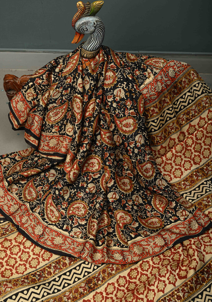 Black Modal Silk Saree with Sanganeri Block Print | SHOBITAM