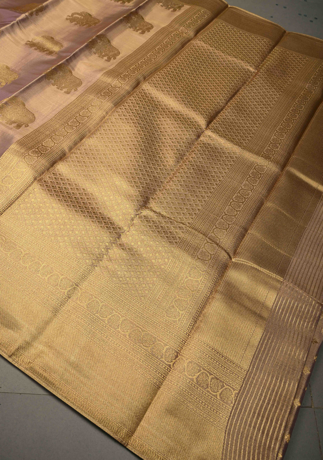 Dusty Lilac-Gold Kanchi Tissue Semi Silk Saree with Elephant Zari Buttas and Zari Border | SHOBITAM